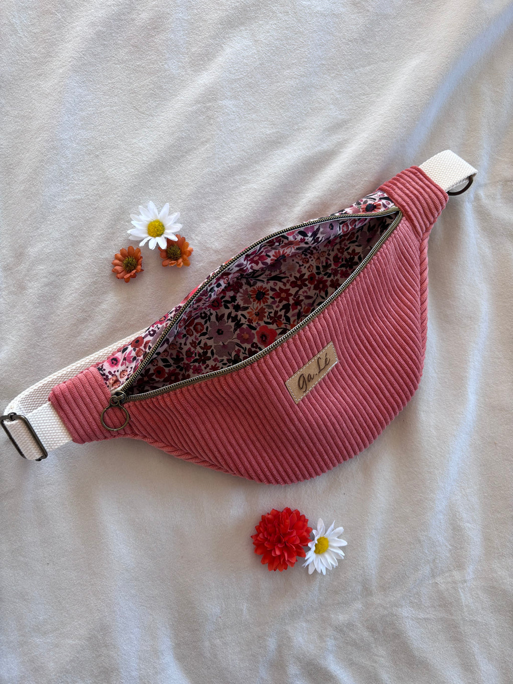 Sac banane velours rose + fleurs