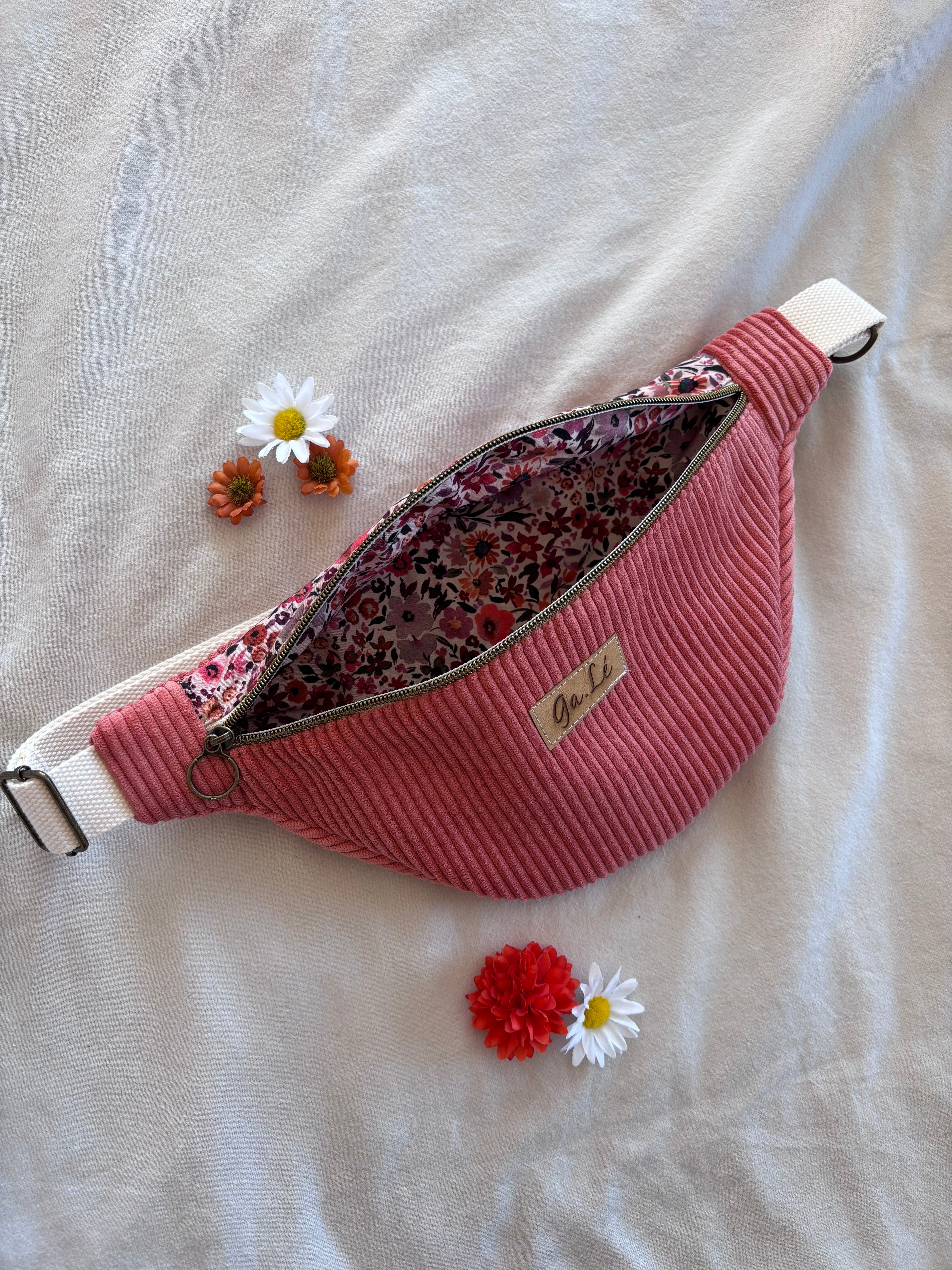 Sac banane velours rose + fleurs