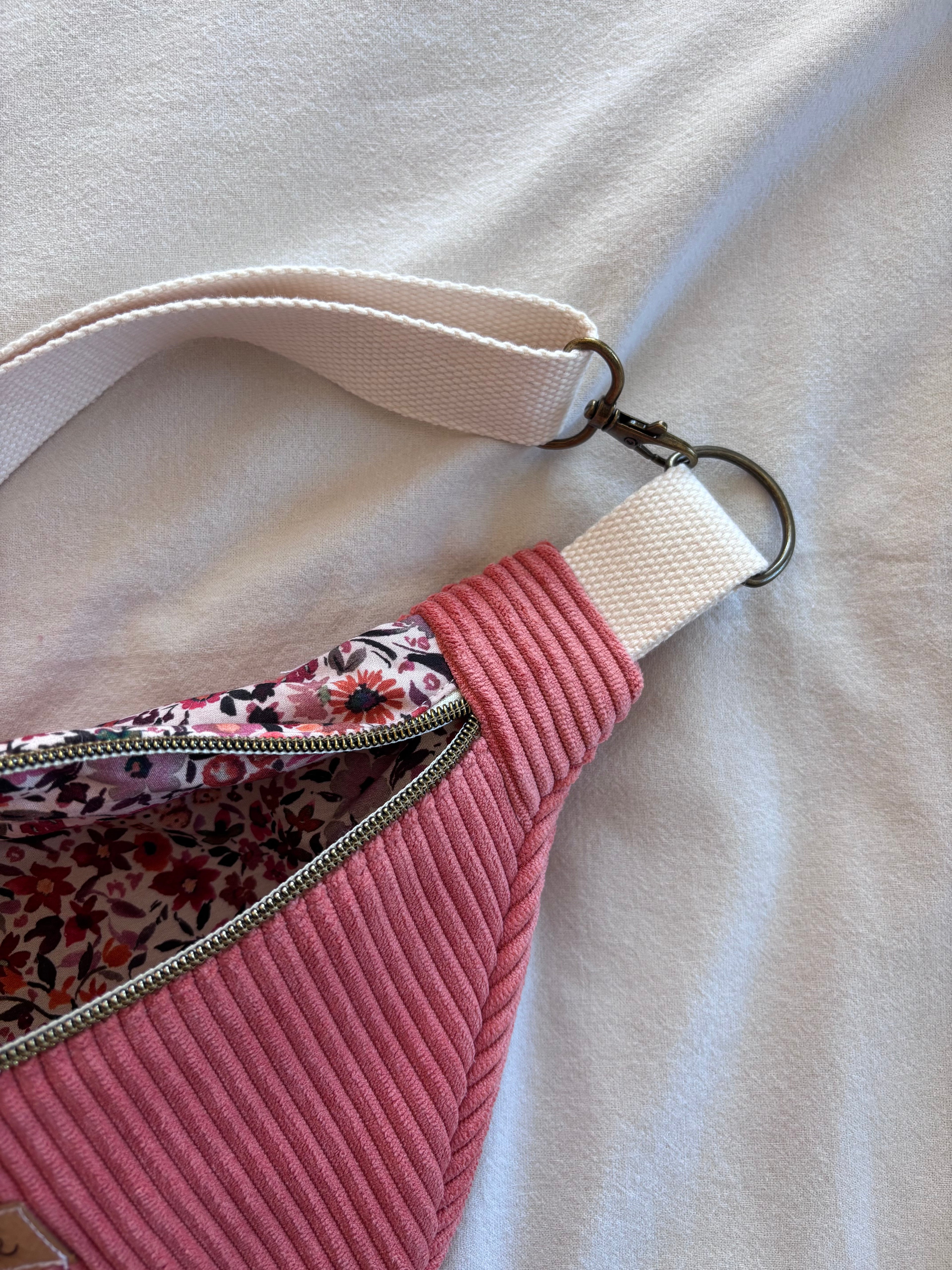 Sac banane velours rose + fleurs