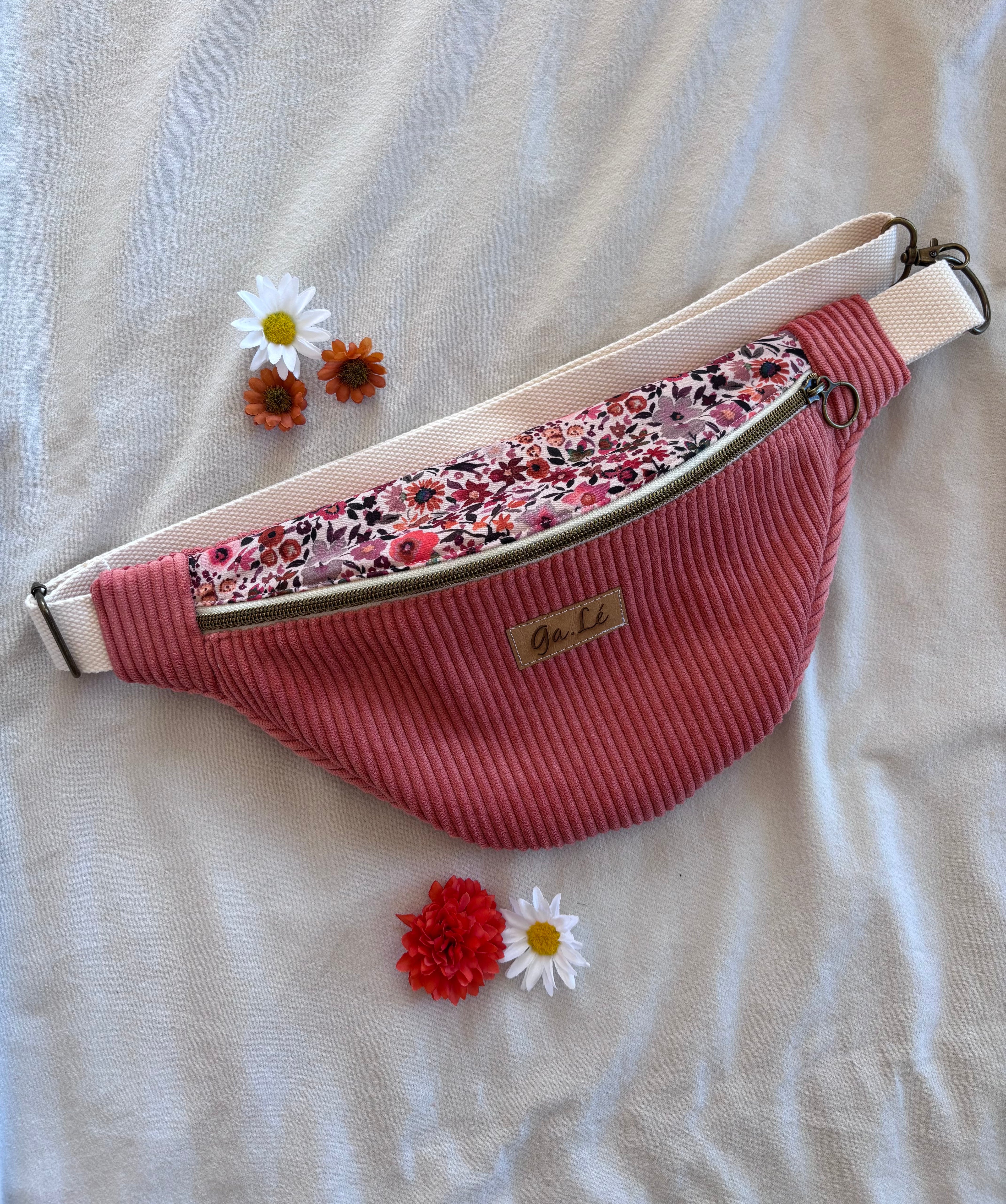 Sac banane velours rose + fleurs